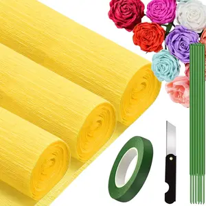 Crepe Paper Roll Yellow, 9.8Inch x 8.2Ft/3 Rolls Crepe Paper Sheet for Flower Making,  Kit with Tape and Wire for Wedding Birthday Holiday Party Decoration,DIY Craft