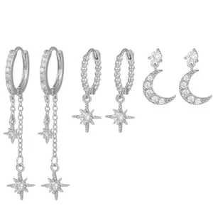 JEYFULL Earring Stacking Set for Women Dainty Moon Star Design Cubic Zirconia Stud Dangle Ear Hoops Earrings Non tarnish Jewelry for Sensitive Ear
