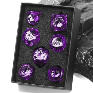 FONVGOGO 7-Piece Sharp Edge Liquid Core Resin Dice Set, Unique Cool Spider Design DND Polyhedral RPG Dice with Cardboard Box, Tabletop Game Gift for Dungeons and Dragons (Purple)