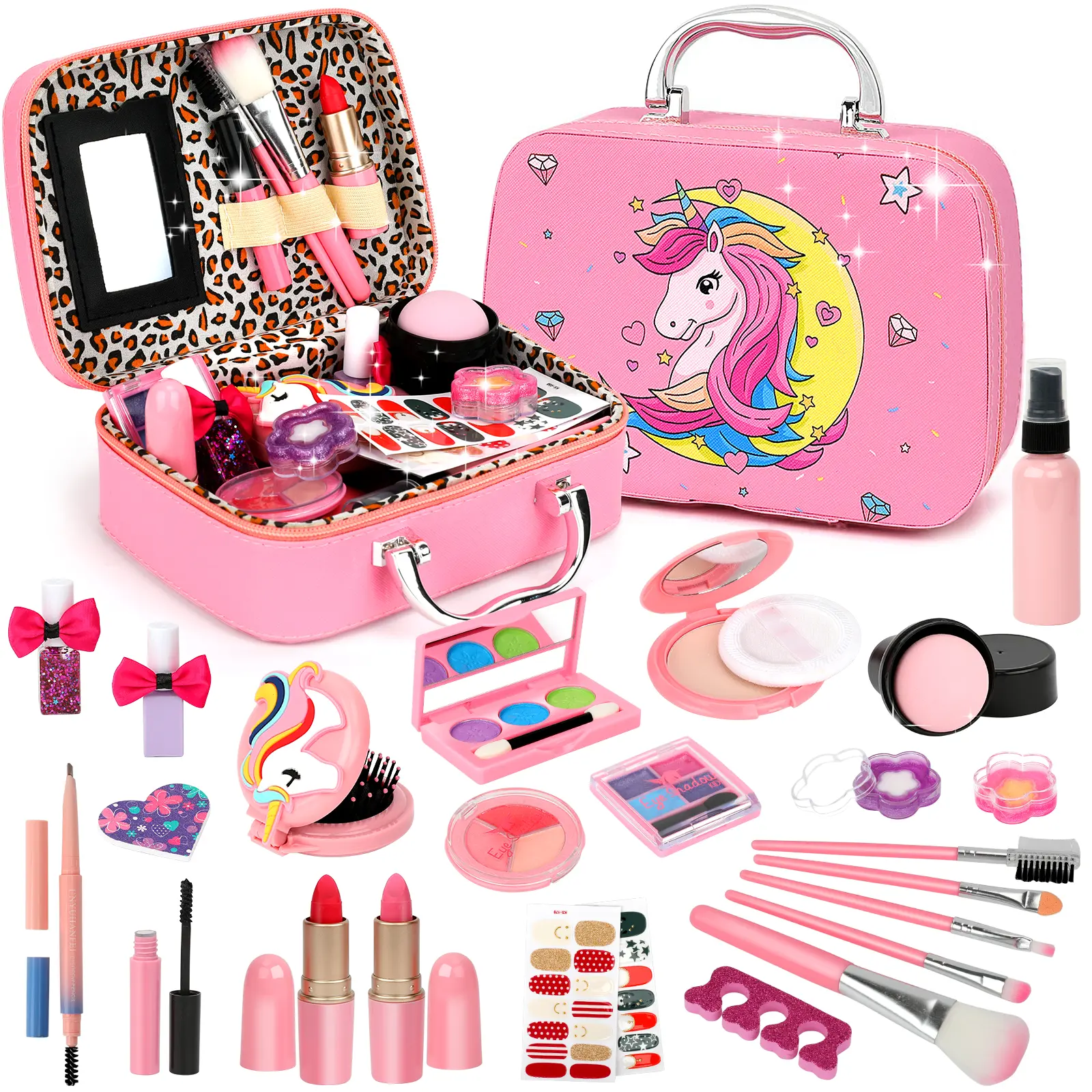 Kids Washable Makeup Kit, Non-Toxic Real Makeup Set for Little Girls, Unicorn Pretend Play Cosmetics Toys, Birthday Gifts for 3-12 Year Old