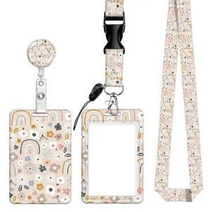Floral Pattern ID Badge Holder Set, 1 Set Cute Badge Holder with Lanyard & Retractable Badge Reel, Nurse Badge Reel, Identification Badges & Supplies for Office School, Badge Reels Retractable