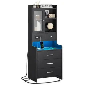 Sikaic Tall Nightstand with Charging Station, Black Bedside Table with Drawers & Glass Door, LED Night Stand with Bookshelf, End Side Table with Storage