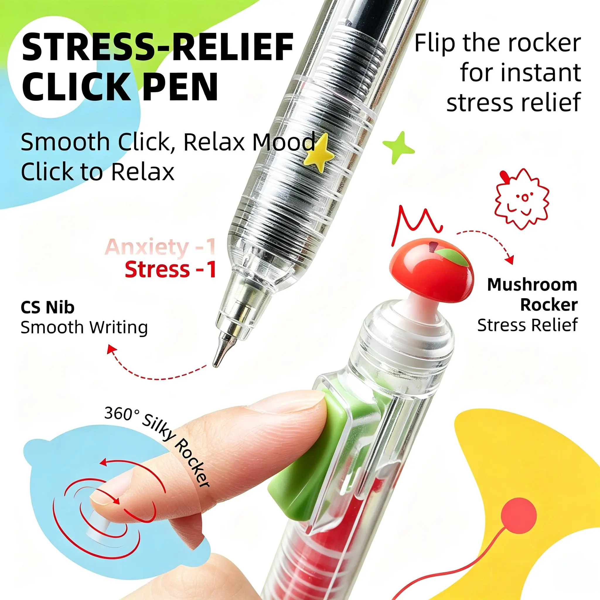 EpenGo Fidget Click Pen – Retractable 0.5mm Quick Dry Gel Ink, Built-In Joystick Stress Relief Toy, Cute Aesthetic School & Office Stationery