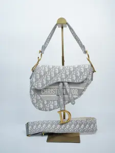 Pre-owned Dior canvas Shoulder Bags Christian Oblique Embroidered Saddle Bag Gray with Strap