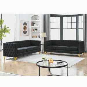 Chesterfield Sofa Set of 2 Velvet Sofa Modern Velvet Couch with Button Tufted & Nailhead Trim, Upholstered Deep Seat Couch, Comfy Sofa for Living Room, Bedroom, Apartment, Office(80.5" W + 80.5" W), Black