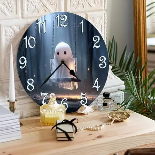 Swing Ghost Wood Round Wall Clock, 10in Home Decor Clock for Home Supplies