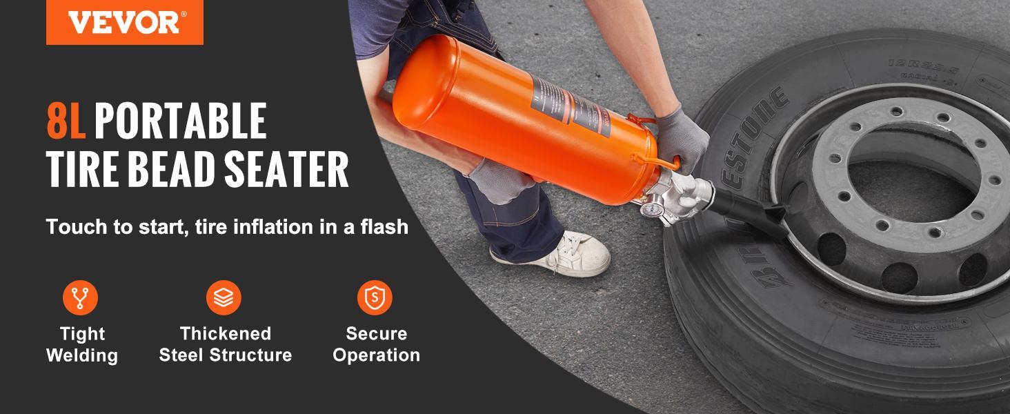 VEVOR Tire Bead Seater, TikTokShopBlackFriday, 2.1 Gal/8 L Air Tire Bead Blaster, 120 PSI Handheld  Tire Bead Seater , Upgraded Portable Tire Inflator Tool, 85-116 PSI Operating Pressure for Tractor Truck ATV Car, Automobile Repair,Tire Bead Seater