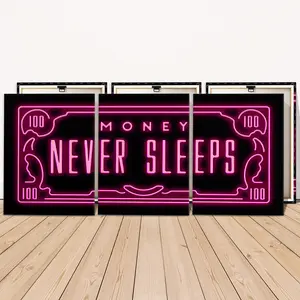 3 Counts Wooden Framed Canvas Painting, Neon Money Never Sleeps Images, Exquisite Poster, Perfect Living Room Decoration, Modern Art, Fashion Family Poster, Wall Art Decoration, Waterproof Art, Modern Home Decoration