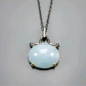 Black Rhodium Plated Sterling Silver 30ct Light Blue Natural Aquamarine Pendant 17.5" Necklace birthday gift silver jewelry