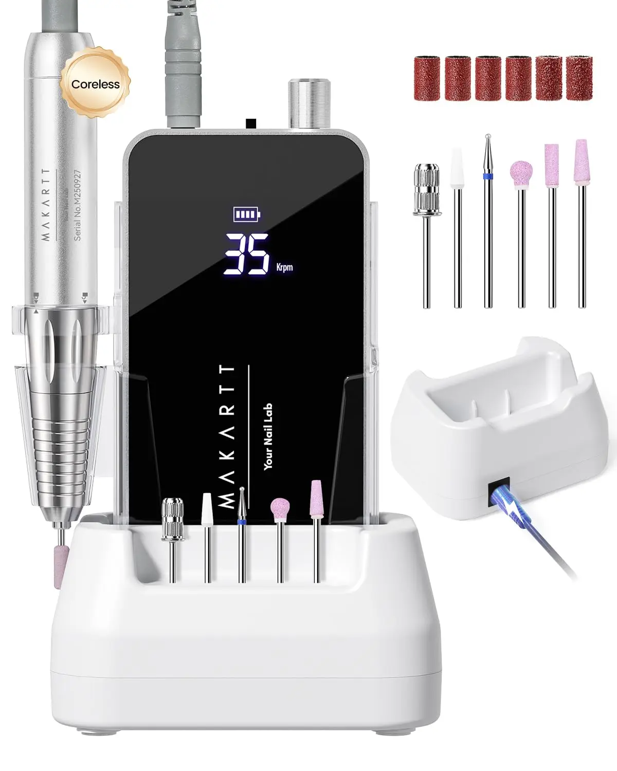 Makartt Nail Drill Professional, 35,000RPM Electric Nail File for Acrylic & Gel Removal, 60W Coreless Motor, 2-in-1 Desktop & Portable, LCD Display, Rechargeable, Quiet, F&R, Nouvella Black