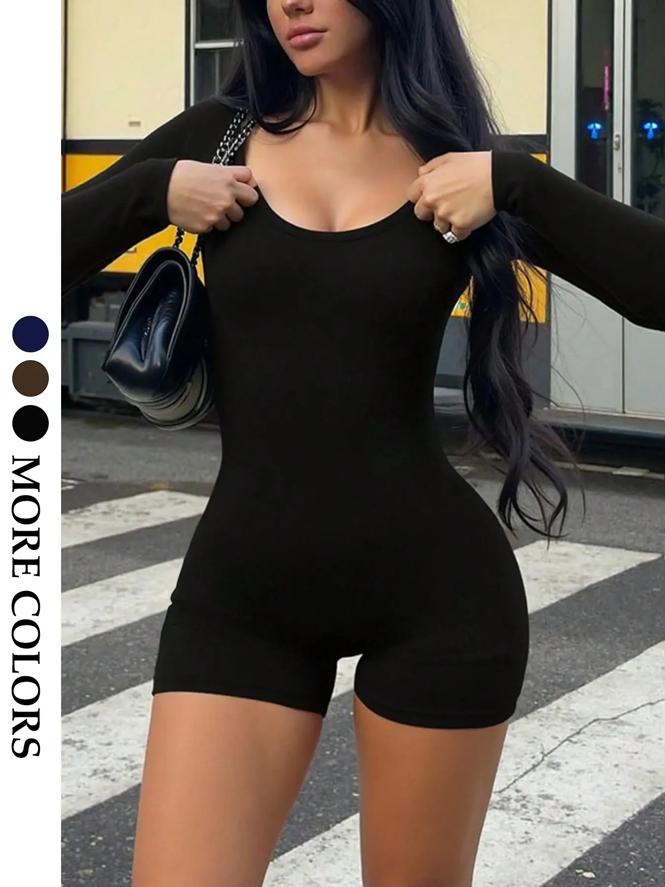 Women's Slimming Black Jumpsuit, Fashionable Jumpsuit, Casual Minimalist Jumpsuit, Fitted Design, Long Sleeve, Soft and Elastic Fabric, Minimalist Style, Basic, Perfect for Daily Fashion, Fall & Winter Wear, Womenswear, Everyday