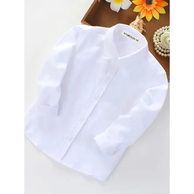 Boys' Long Sleeve White School Shirt, Classic Solid Button-Up Top with Chest Pocket, Adorable Kids Uniform Dress Shirt, Adorable Boys' Shirts