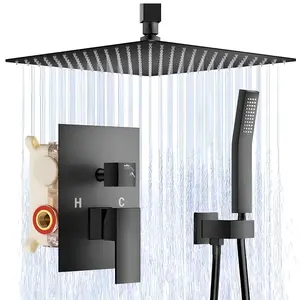 Rainfall Bathroom Shower System Ceiling Mount Rain Shower Head with Handheld Spray and High Pressure Faucet Set Combo Solid Brass Pressure Balancing Shower Mixer Valve 8/12 Inch Matte Black