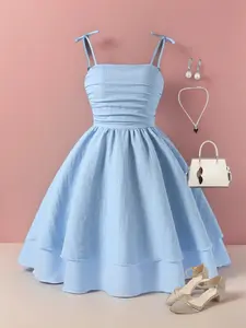 Girl's Solid Color Tie Shoulder Cami Dress, Ruffle Strap Dress, Cute Fashion Casual Sleeveless Short for Party Holiday Wedding Guest, Kids Summer Clothes