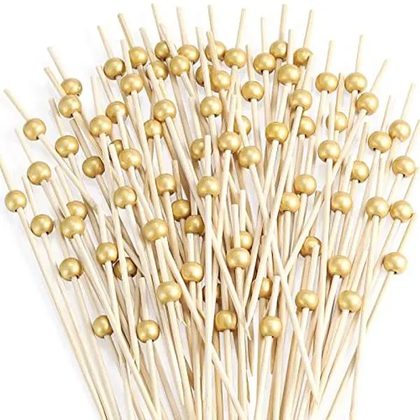 200 Pcs Cocktail Picks, Fancy Toothpicks for Appetizers, Mini Food Picks | Bamboo Cocktail Sticks Skewers for Drinks, Desserts, Charcuterie, 4.7 Inch Decorative Wedding Party Gold Ball Tooth Picks
