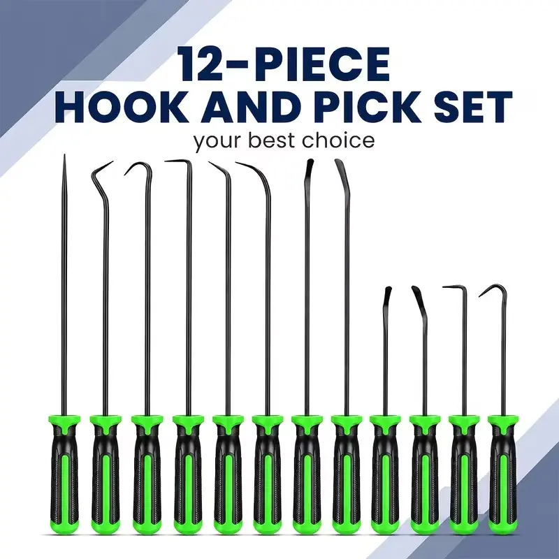 12-piece pry hook tool set; pry hook tool set for automotive oil seals/O-rings and sealing pads; pry hook puller disassembly tools; long-handle and mini pry hook tool sets