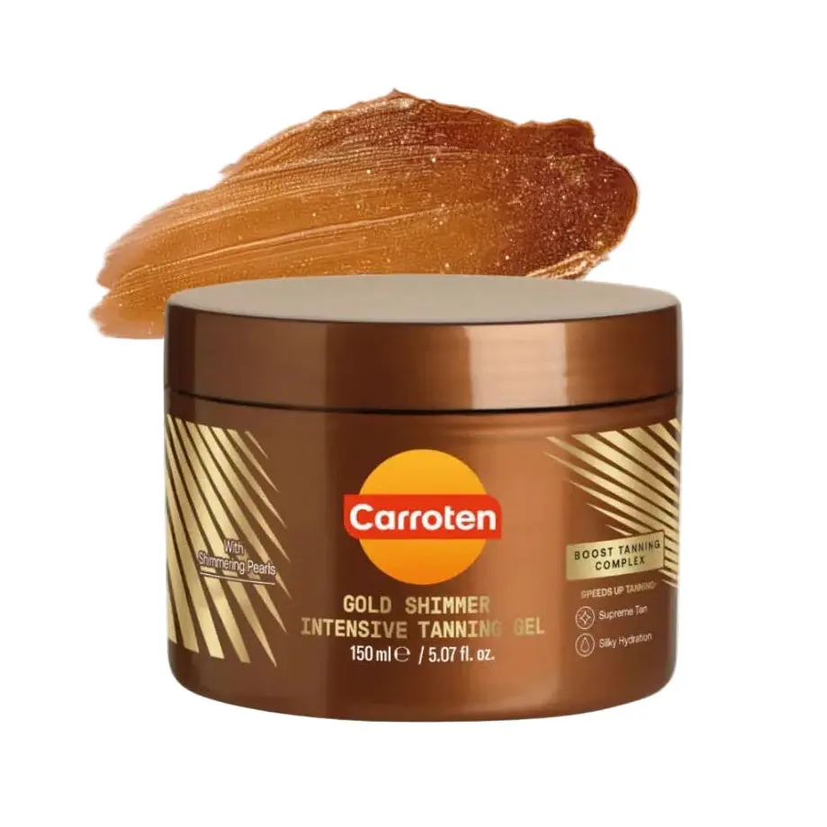 Carroten Gold Shimmer Tanning Gel - Bronze Tan Body Self-Tanner, Intense Tan Gel Body Self-Tanner, Coconut Oil Boost, Vitamin A&E, Non-Greasy Water-Resistant Moisturizer with Carrot for Radiant Skin, 5 Fl Oz