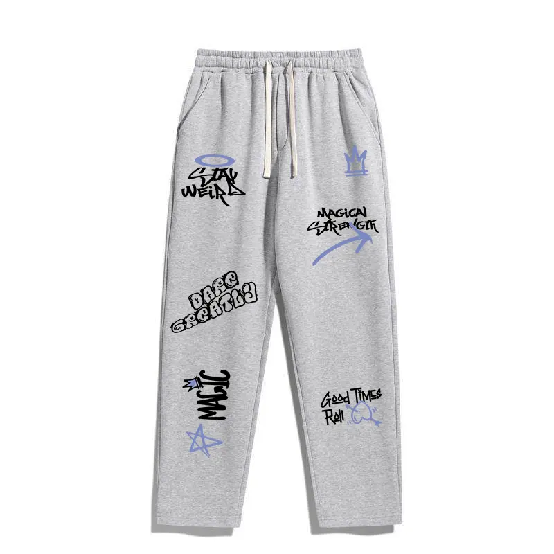 Unisex Multi Doodle Graphic Printed Knit Sweatpants Vintage Gray Open Bottom Joggers with Contrast Drawstring