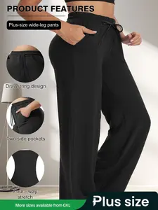 Plus Size Women's Business Casual Wide Leg Loose Pants, Elastic Waistband, Pocket Design, Comfortable Fit for Work & Daily Wear, Everyday