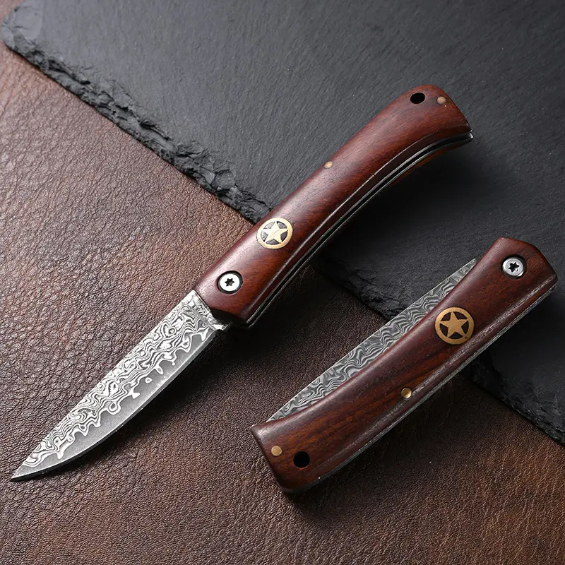 Vintage Damascus Steel Folding Pocket Knife Solid Wood Handle with Five-Pointed Star Brass Inlay EDC Utility Knife for Collection Gift Daily Carry