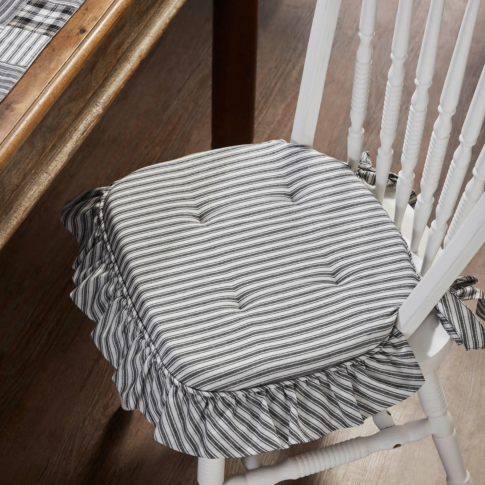Farmstead Black Ticking Stripe Ruffled Foam Chair Pad with Tie - Rustic Seat Cover for Kitchen Chairs, Kitchen Chair Covers