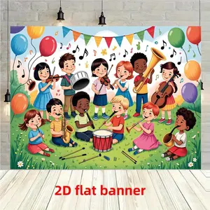 2D Flat Music Theme Party Backdrop, Instrument Decoration Wall Cloth, Ideal for Parties, Music Festivals, School Events, Polyester Material