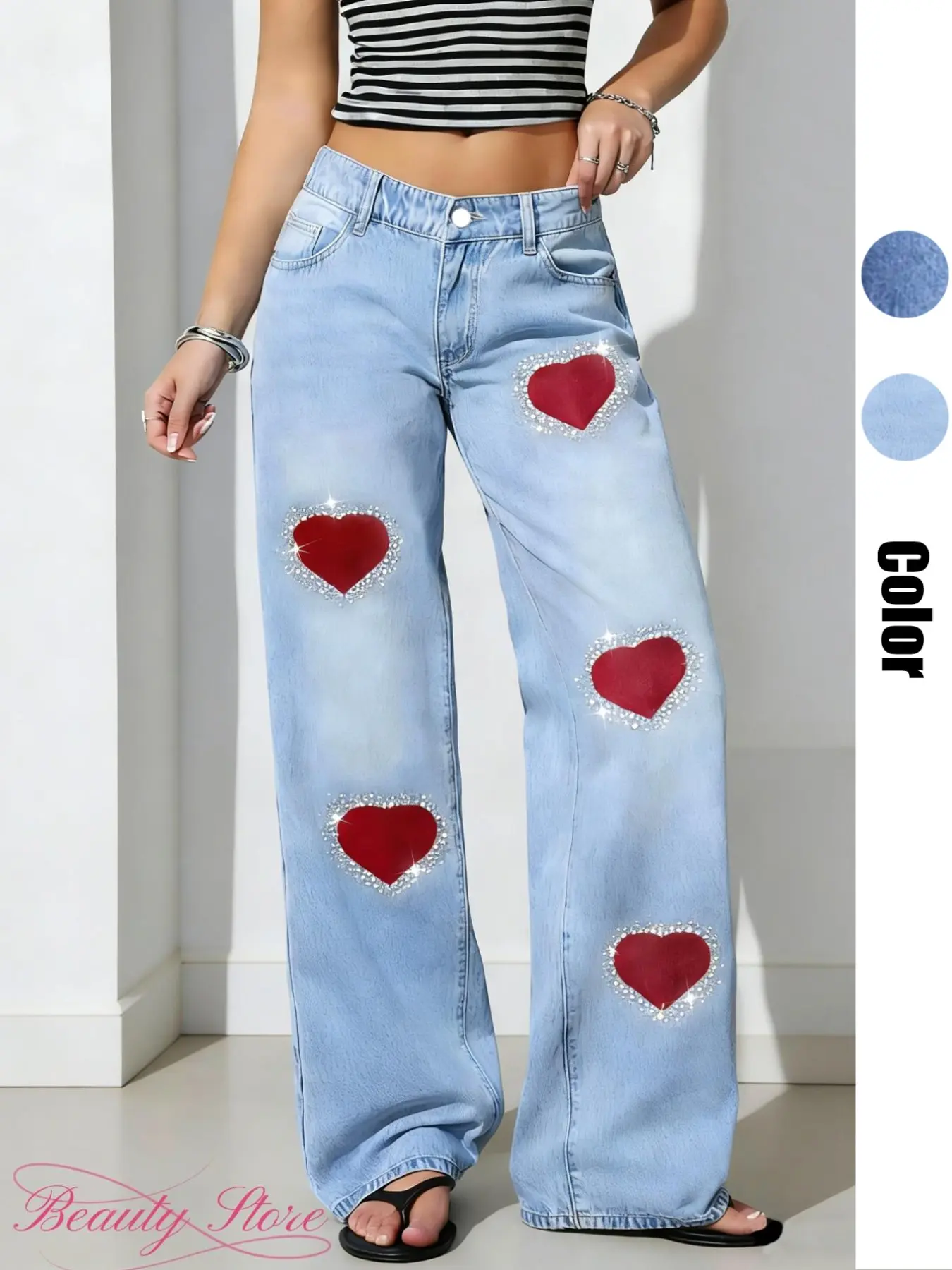 Women's Rhinestone Embroidered Denim Jeans, High Waist Button Fly, Loose-Fit Floor-Length, Elegant Casual Pants for All Seasons