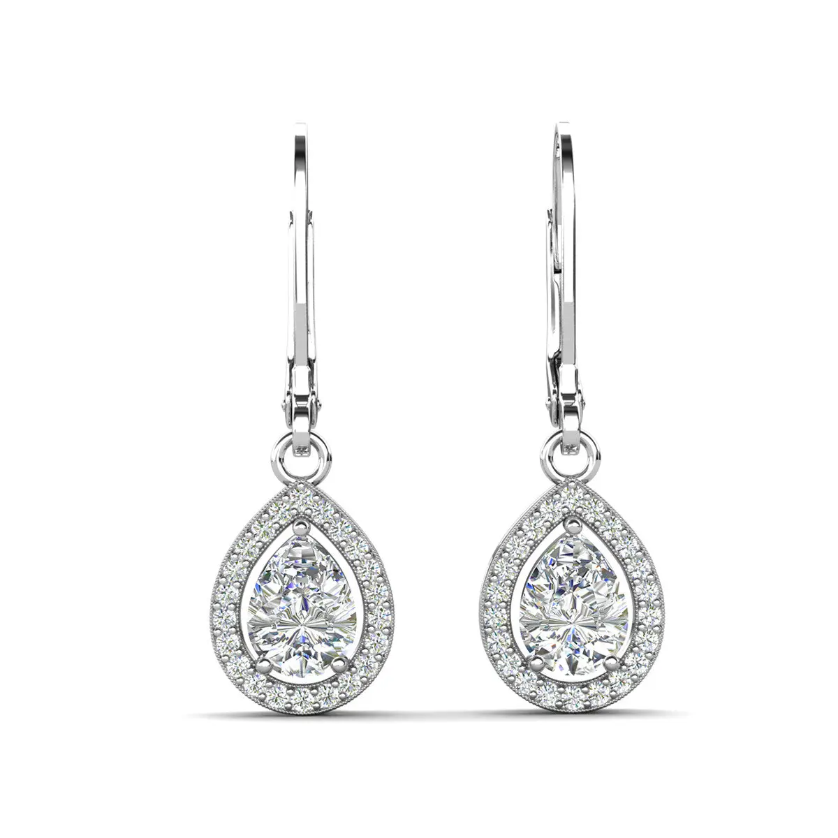 Izzy 18k White Gold Plated Halo Teardrop Dangle Earrings with Simulated Diamond Crystals