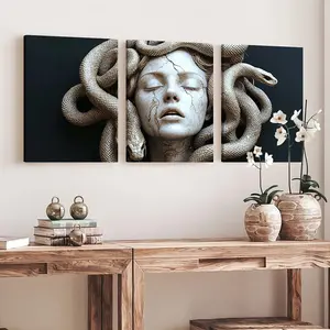 3 Piece Set Wooden Framed Canvas Poster, Abstract Art, Modern Abstract Art, Abstract Face Design, Medusa, Statue, Colorful Snake, Girl, Fantasy Style, Vintage Aesthetics, Home Decor, Art Print, Wall Art, Ideal Gift For Friends