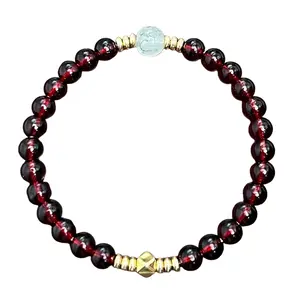 Red Garnet Wealth Energy Bracelet with Elastic Cord & Metal Beads, Attract Career Success & Good Fortune