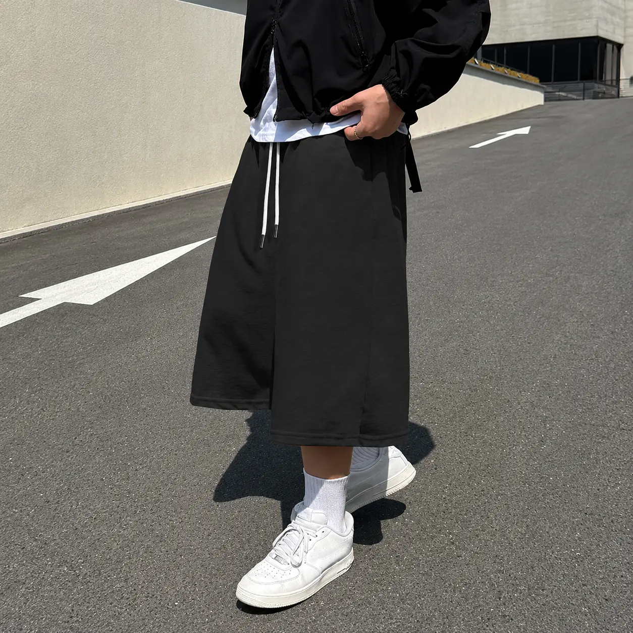 Men's 3/4 Length Plain Polyester Capri Sweatpants - Loose Wide-Leg Oversized Below-Knee Joggers with Drawstring Elastic Waist, Pockets - Menswear Clothes for Athletic Streetwear Casual, Machine Wash, 2-Color (Grey, Black) shorts