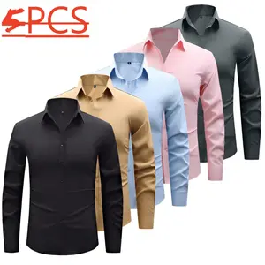 Men's 5-Piece Classic Plain Menswear Tops, Business Formal Long-Sleeve Shirts with Notched Lapels, Pointed Collar, Refined Front Buttons, Stretchy Polyester Fabric, Smooth Draping Fit for Multi-Season Wear, Long Sleeves