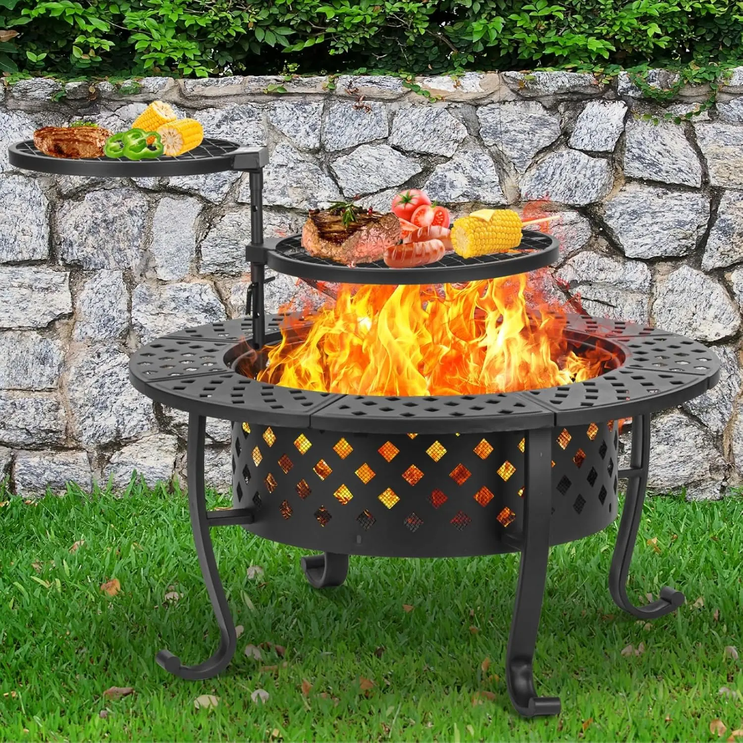 Outvue 36" Round Wood Burning Fire Pit - 3-in-1 with Dual Grills, Lid, Poker, 36" Table for 6-8 - Outdoor Patio Barbecue Essential for Gatherings