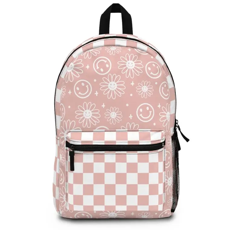 Retro Pink and White Smiley Face Checkered Backpack With Name Tag Inside, Back to School, Teen Backpack, Kids Backpack, Large School Backpack