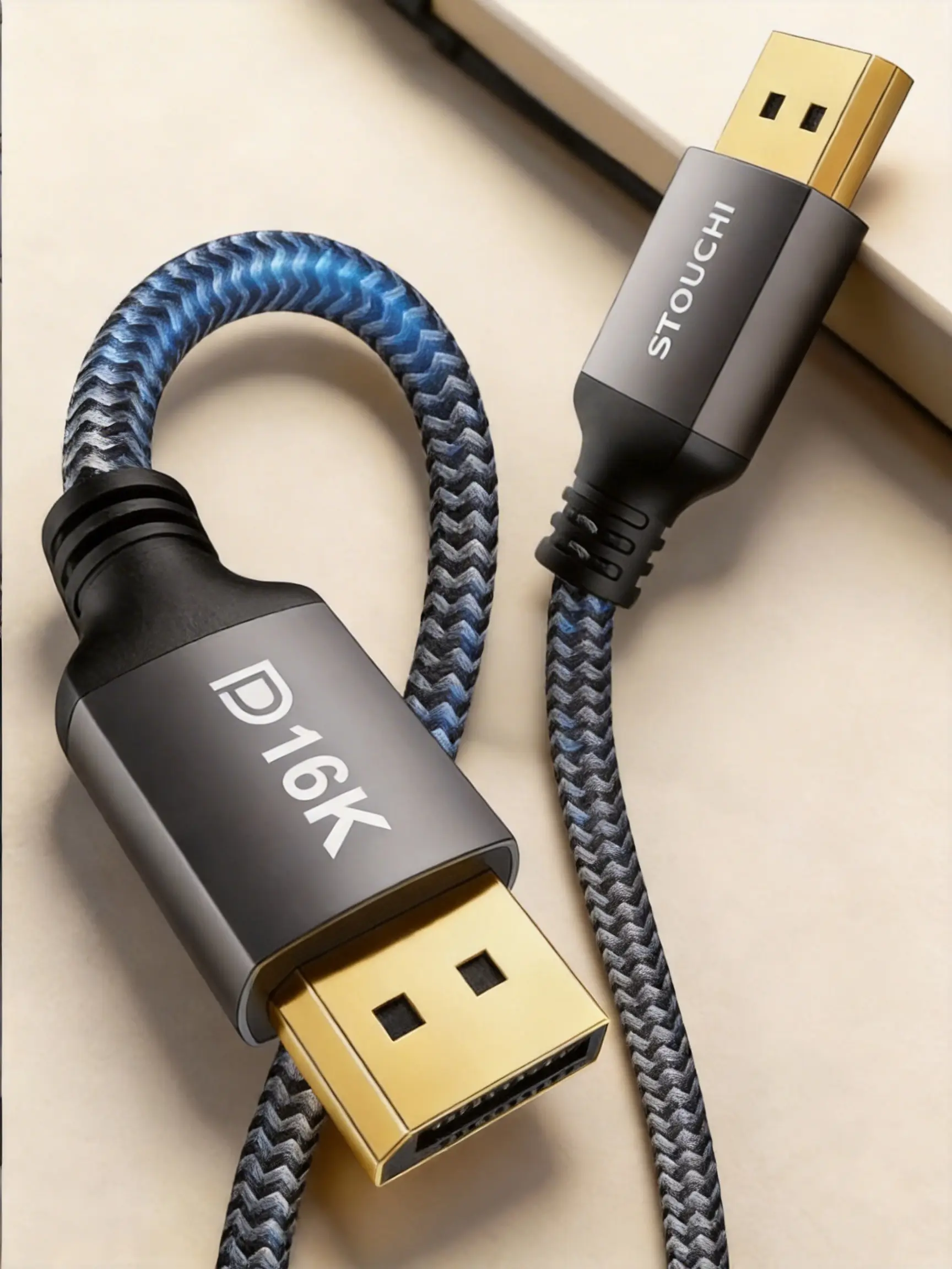 Stouchi DisplayPort 2.1 Cable, 10FT Durable Connector Plug Accessory, 54Gbps 16K/8K/4K@240Hz, RTX 5090/4090 Ready, FreeSync & G-Sync Compatible, Snag-Free DP Cord