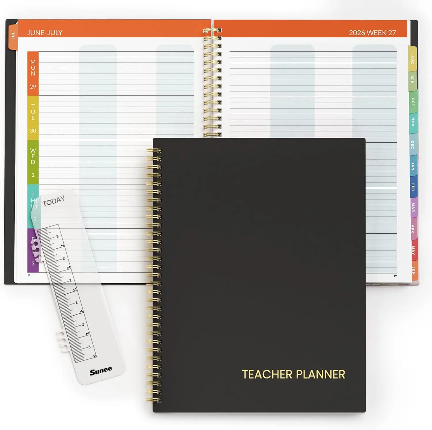 SUNEE Teacher Planner 2026-2027 Academic Year, 8 Periods Lesson Plan Book Jul 2026 - Jun 2027, 8.5"x11" Weekly Monthly Organizers Horizontal Layout with Calendars, Bookmark, Flexible PVC Cover, Black