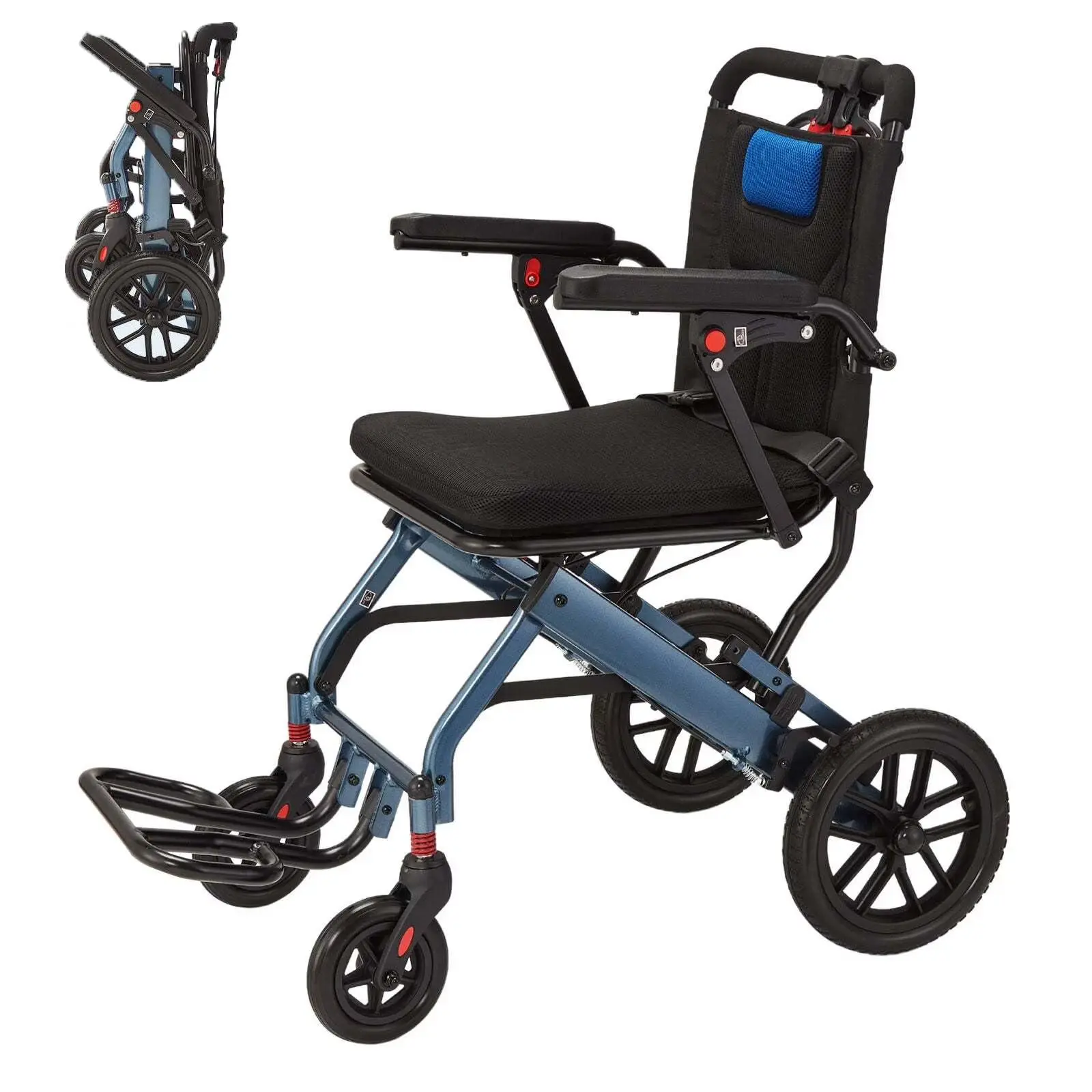 Portable Lightweight Folding Wheelchair – Wide Frame Aviation Aluminum, Shock Absorbing 10" Rear Wheels, Comfortable PVC Seat, Two-Stage Brake, Mobility Aid Transport Chair – Navy Blue