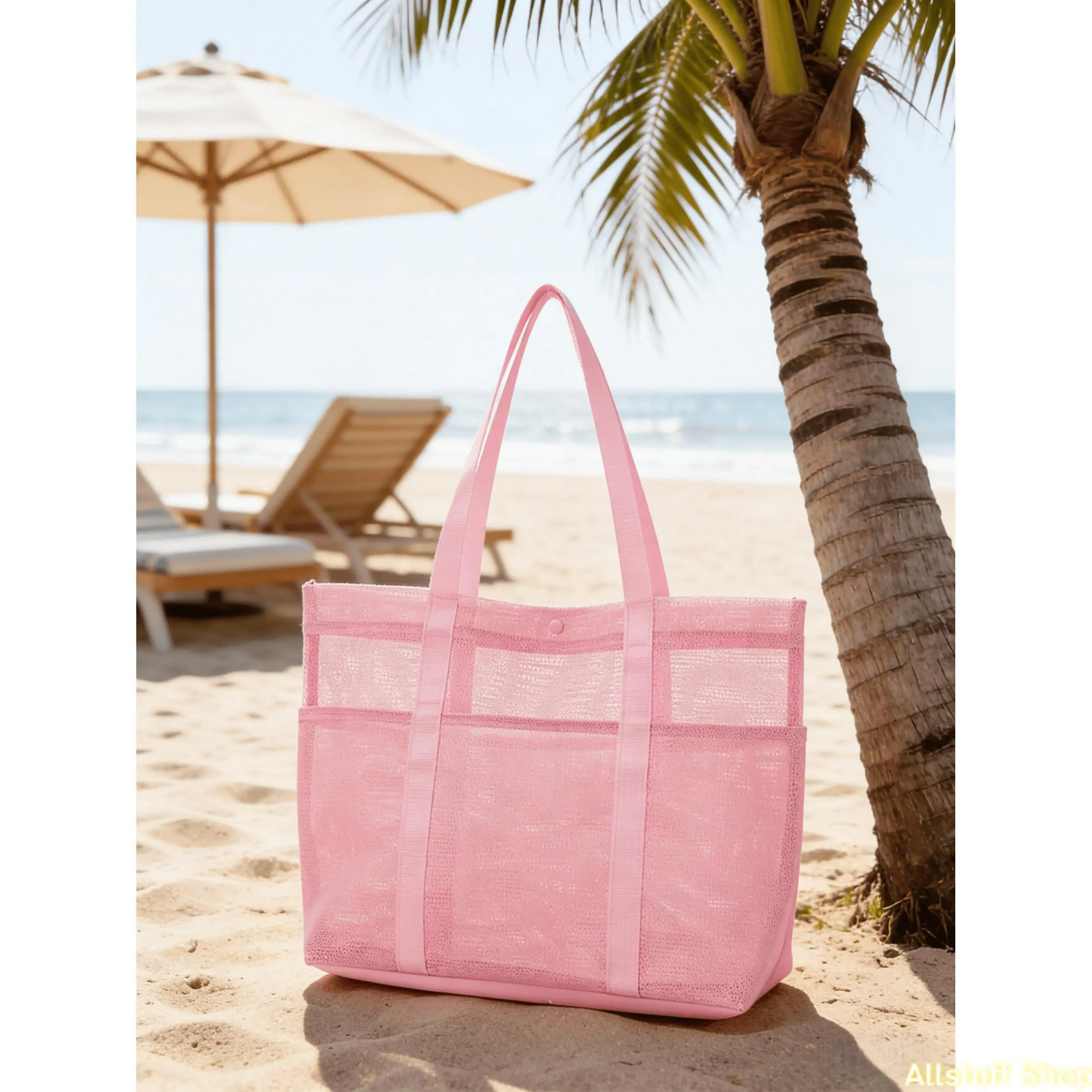 [Beach Tote Bag] Large Capacity Beach Bag with Pockets, Beach Tote Bag for Women, Large Collapsible Mesh Swimming Pool Travel Bag -- Sandproof, Hollow Out Beach Tote, Casual Tote for Beach Picnic Vacation