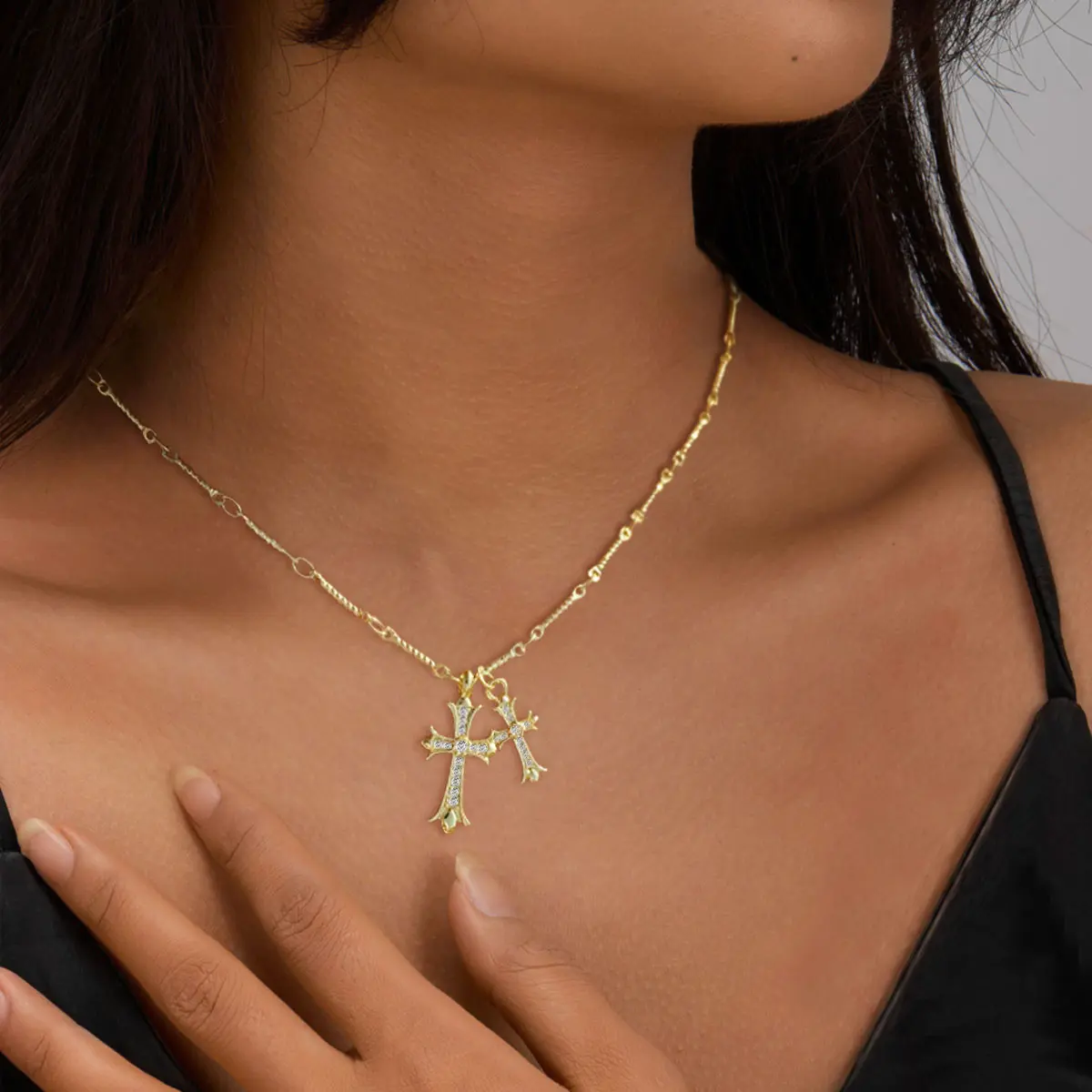 MIDEEO Cross Necklace 14k Gold Plated Double Cross Pendant CZ Cubic Zirconia for Women Men Boy Jewelry Birthday Dainty Gifts Springtok