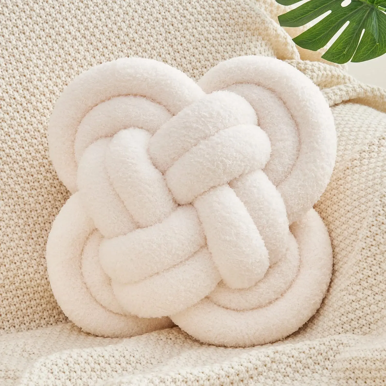 Knot Pillow Ball, 12" Soft Decorative Throw Pillows for Couch Bed,  White Knotted Plush Throw Pillow Handmade Square Cushion Home Couch Decor Pillows for Living Room