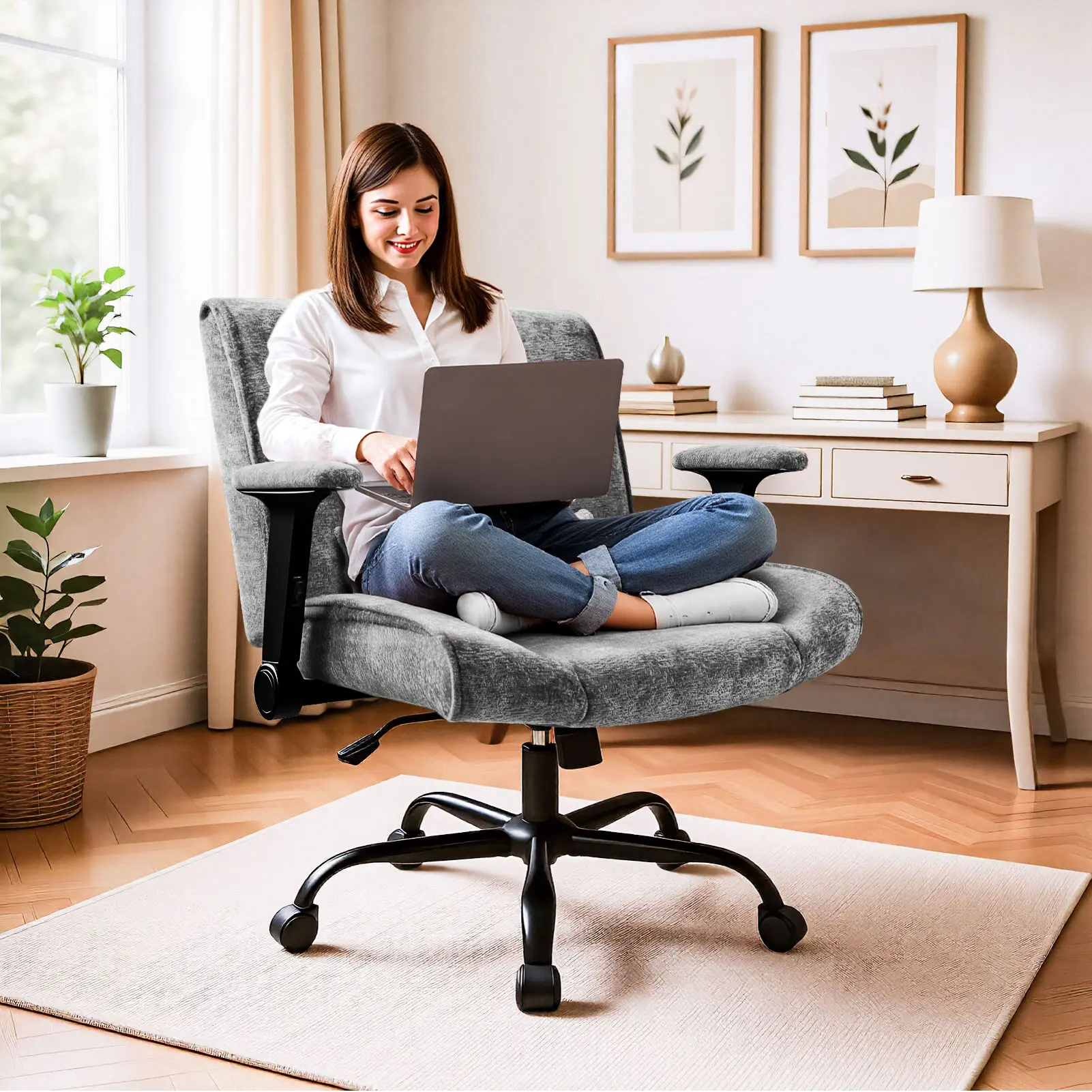 【Summervibes】Cross Legged Office Chair with Wheels and Adjustable Flip-Arms, Criss Cross Desk Chair with Thick Cushion, Wide Seat Office Chair for Home Office, Apartment, Bedroom burden 300lbs