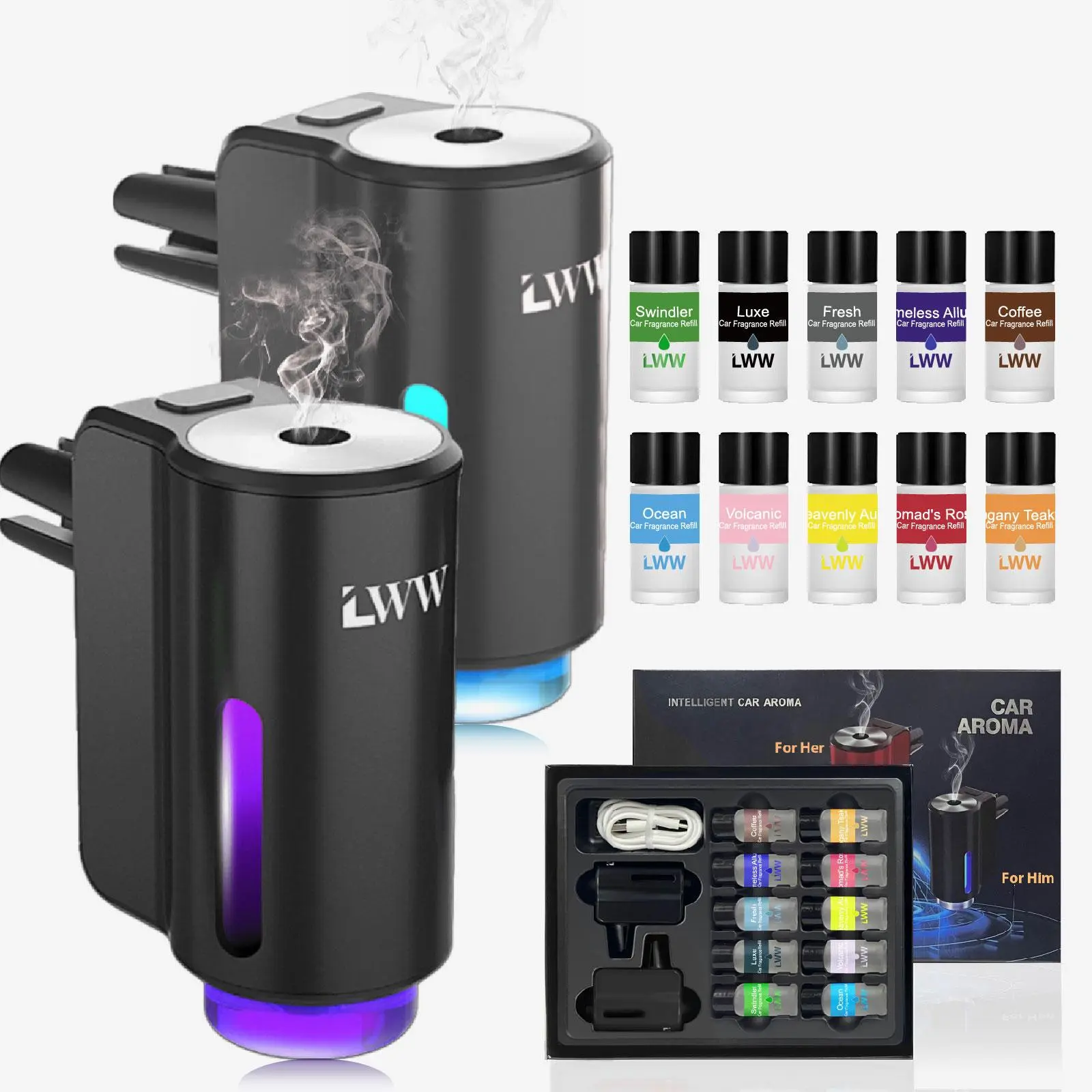 Smart Car Air Freshener with 3/8*10ML Natural French Perfume, Three Adjustable Concentration Scent Levels, Portable Waterless Car Diffuser
