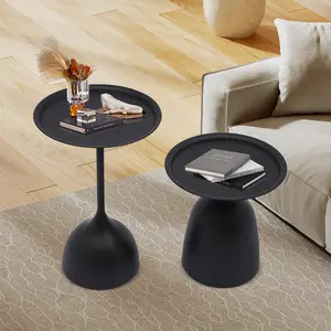 CNCSET Set of 2 Round Side Tables Black Nesting End Tables Bundle with 15.7 Inch Tops, 16.9 & 23.6 Inch Height for Living Room Bedroom, Modern Iron Accent Tables