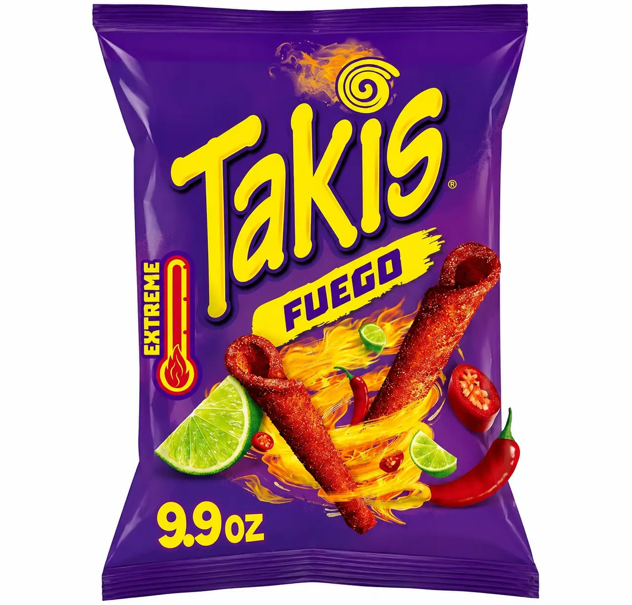 Takis Fuego Rolled Tortilla Chips, 9.9oz Bag Extremely Spicy Hot Chili Pepper and Lime Flavor, Corn Snack Chips, and Cook-Outs