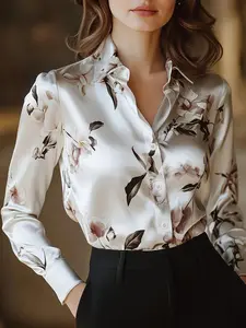 Women's Floral Print Satin Button Up Blouse, Elegant Long Sleeve Button Closure Top for Work Office Business, Ladies Clothes for All Seasons, Shirts