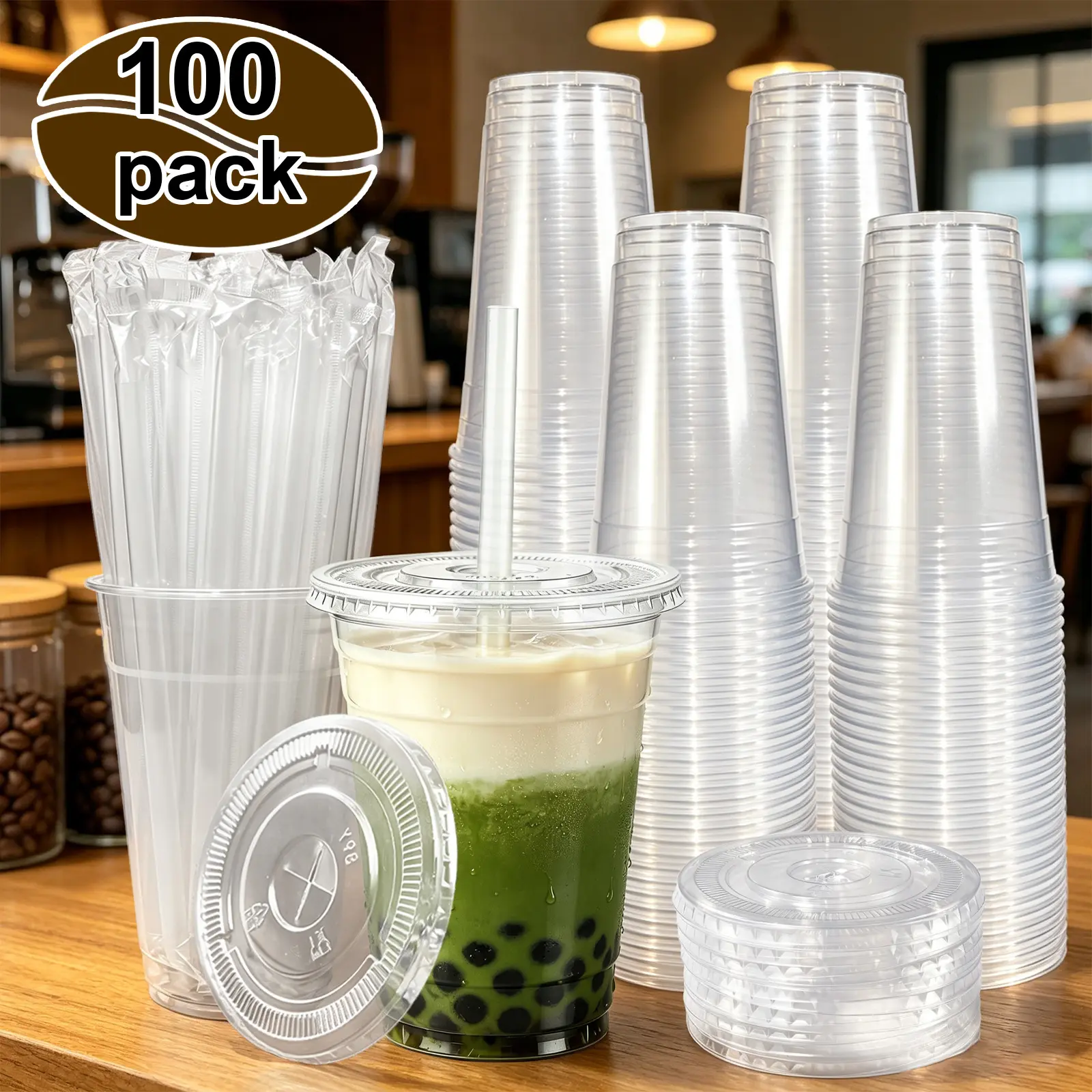 100 sets of disposable beverage cups with lids and straws, available in sizes of 12 ounces/16 ounces/20 ounces/24 ounces. Perfect for family gatherings, cafes, outdoor camping. Convenient plastic drinking cups, disposable upon use.