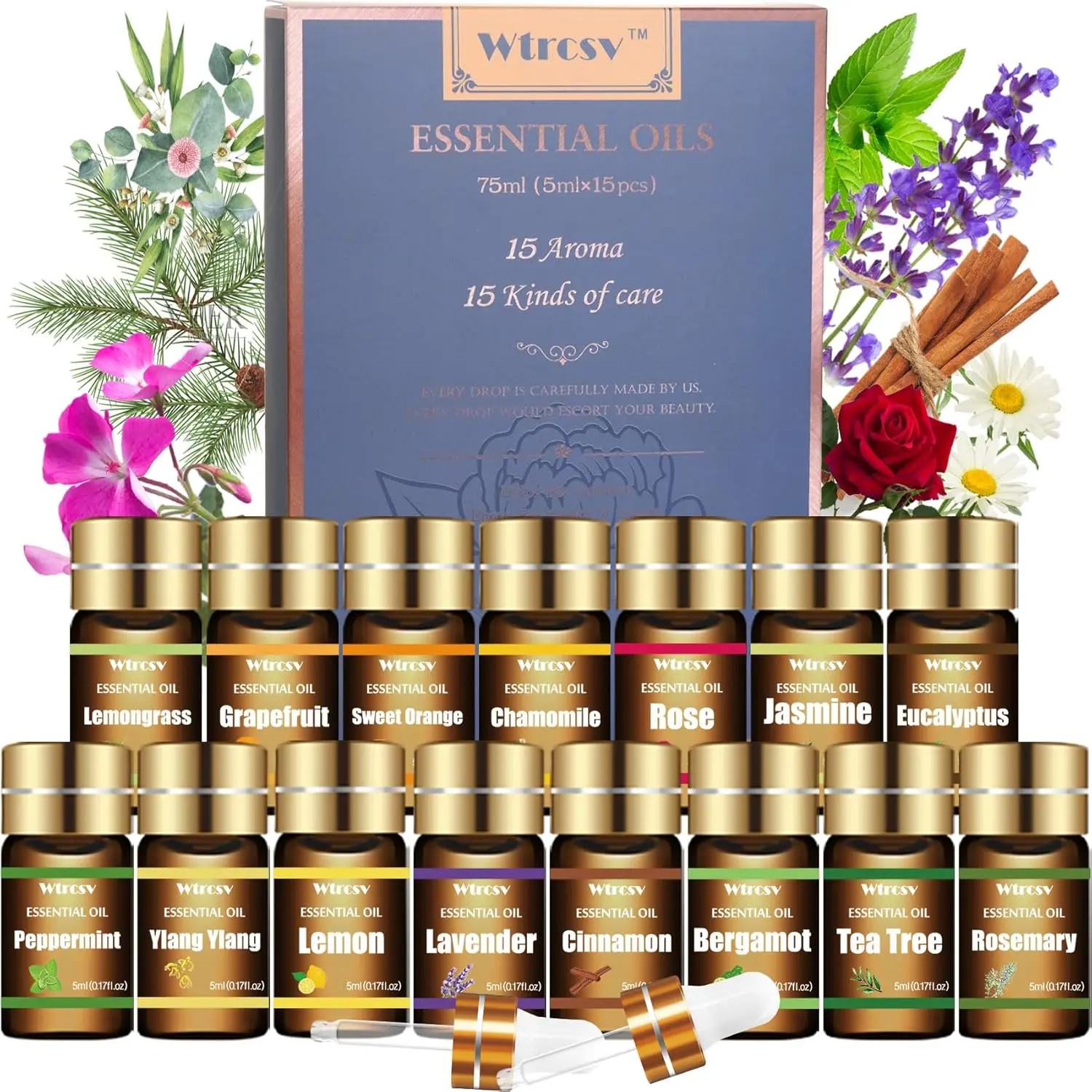 Wtrcsv Essential Oils Set - 15 Cold-Pressed Steam-Distilled Scents for Aromatherapy Diffusers, Skin Care, Candle Making - Unisex 5ml Bottled Gift Set for Birthday, Wedding, Mother’s Day, Holiday