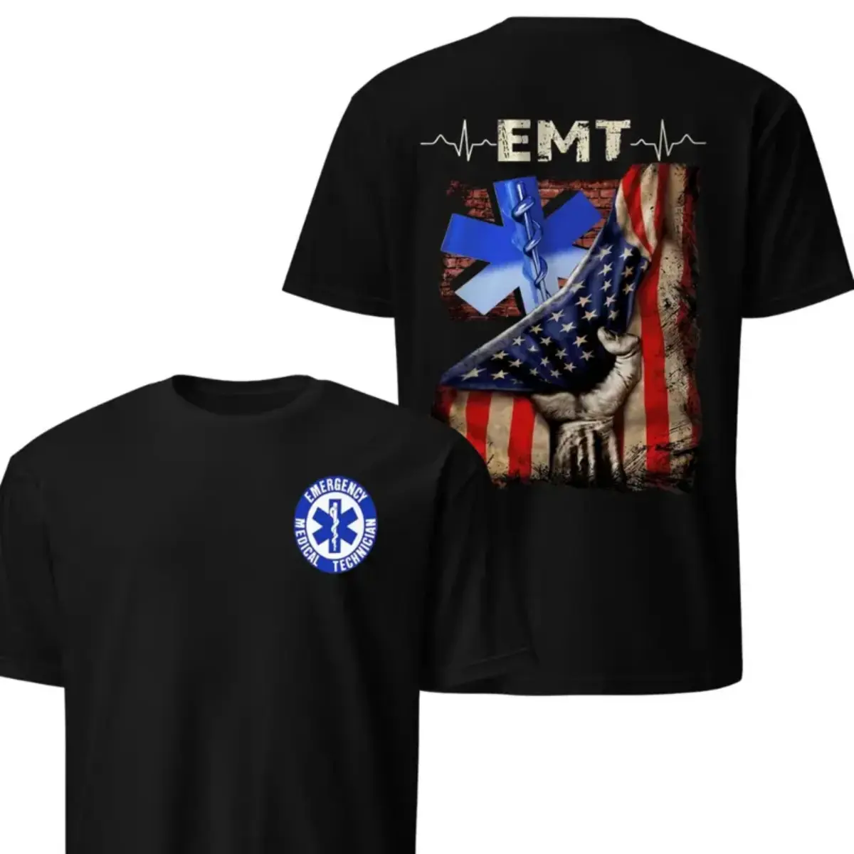 EMT Emergency Medical Technician T-Shirt, Patriotic American Flag Graphic Tee, Star of Life Soft Cotton Navy Blue Shirt, First Responder Appreciation Apparel, Heroic EMT Gift