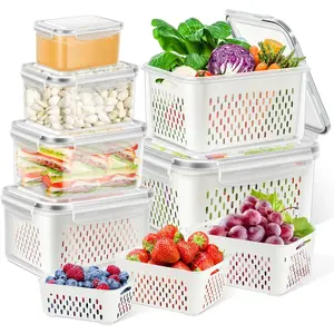 6 PCS Large Fruit Containers for Fridge - Leakproof Food Storage Containers with Removable Colander - Dishwasher & microwave safe Produce Containers Keep Fruits, Vegetables, Berry, Meat Fresh longer