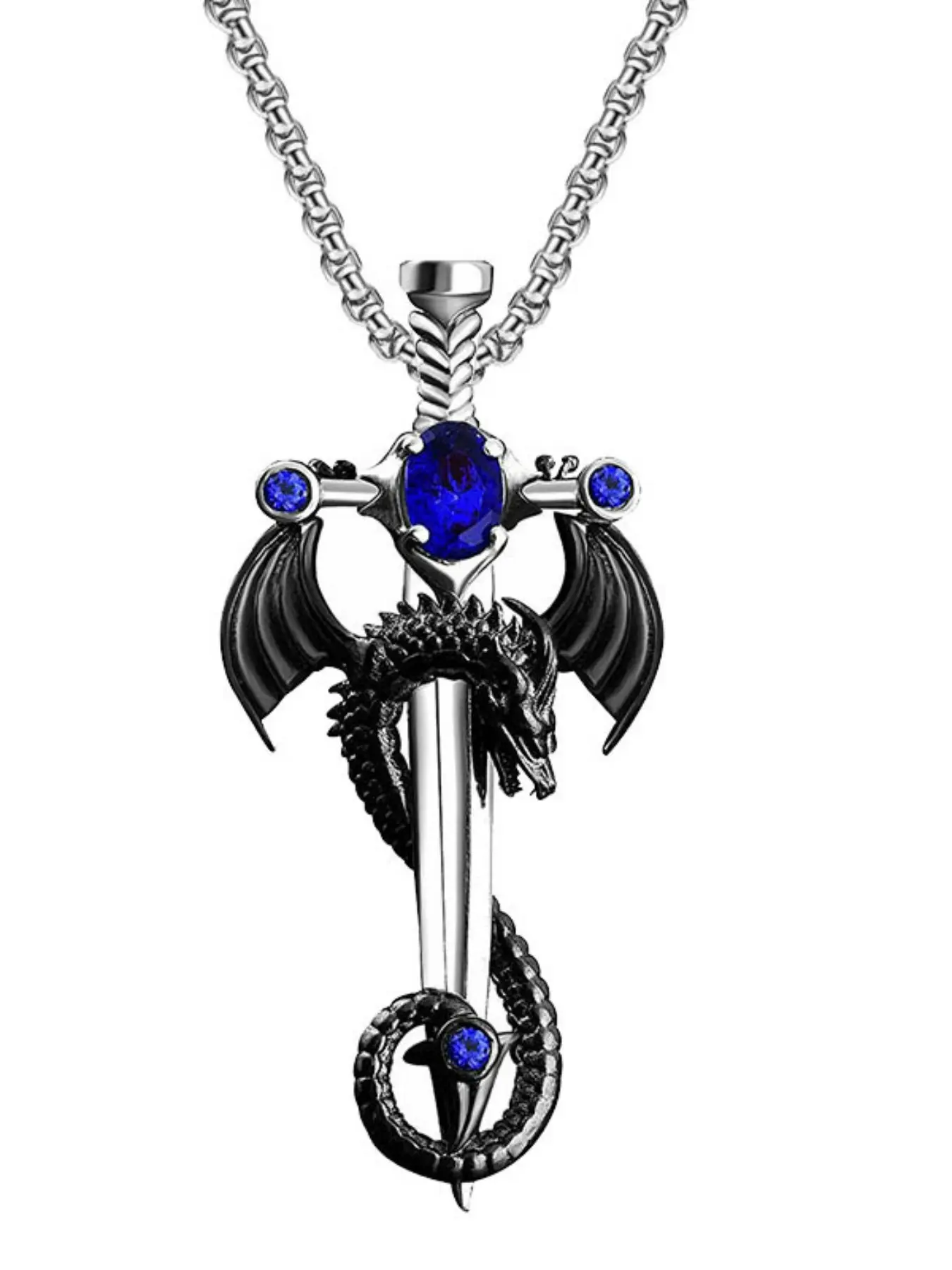 Trendy Vintage Multicolor Gemstone Dragon Sword Pendant Necklaces With Necklace, Fashion Stainless Steel Chain, Hip Hop Punk Jewelry